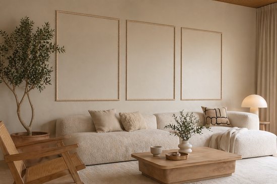 Drie lege, beige lijsten met houten kralen versiering aan de muur boven een beige bank met kussens.