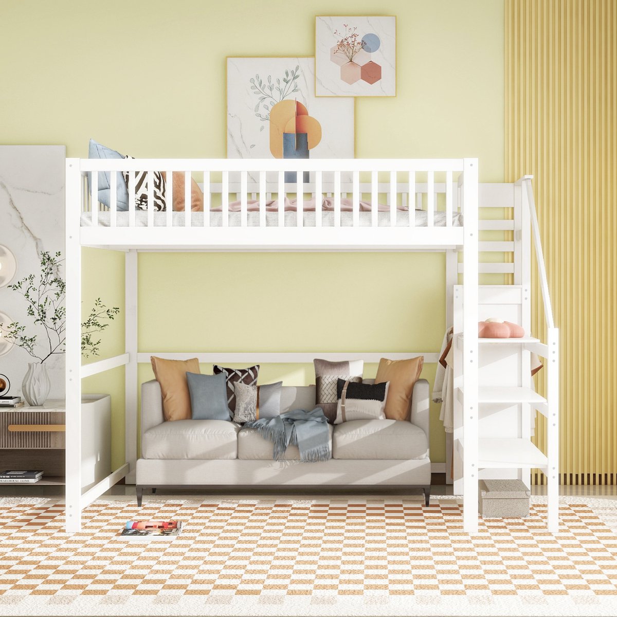 VVBV Hoogslaper 140x200 met bureau / Hoogslaper met trap – met Kledingkast, Opbergrekken, Opbergruimte, Ladder – Wit – Voor Kinderen en Tieners White