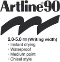 Artline 90 logo met tekst: 2.0-5.0 mm schrijfwijdte, direct drogend, watervast, medium punt, beitelvorm.