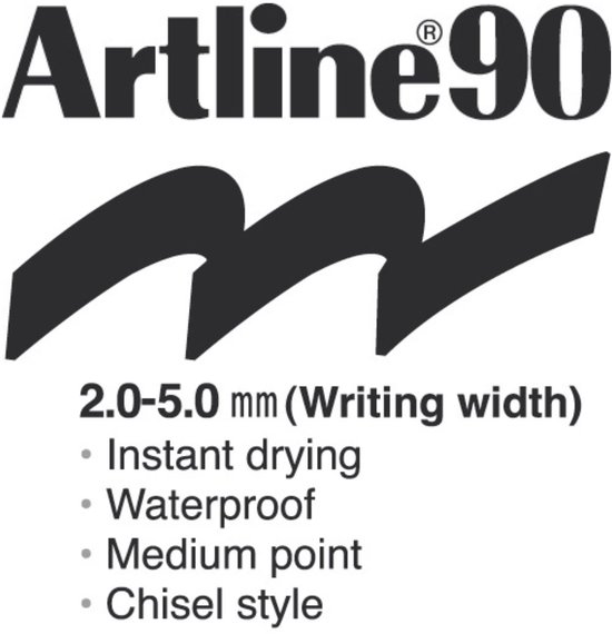 Artline 90 logo met tekst: 2.0-5.0 mm schrijfwijdte, direct drogend, watervast, medium punt, beitelvorm.
