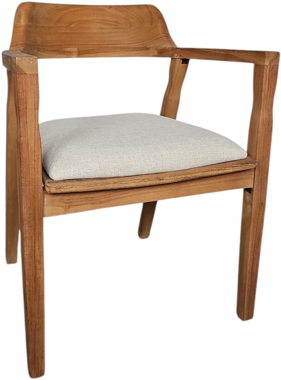 Foto: Teakhouten eetkamerstoel met beige kussen handgemaakt massief teak naturel
