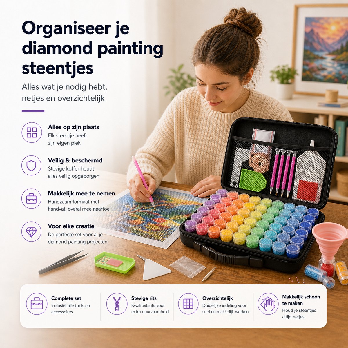 BOTC Diamond Painting Opbergdoos - 60 Potjes - 90 Delig Sorteerdoos set Incl. Toolkit - Zwart — afbeelding 8