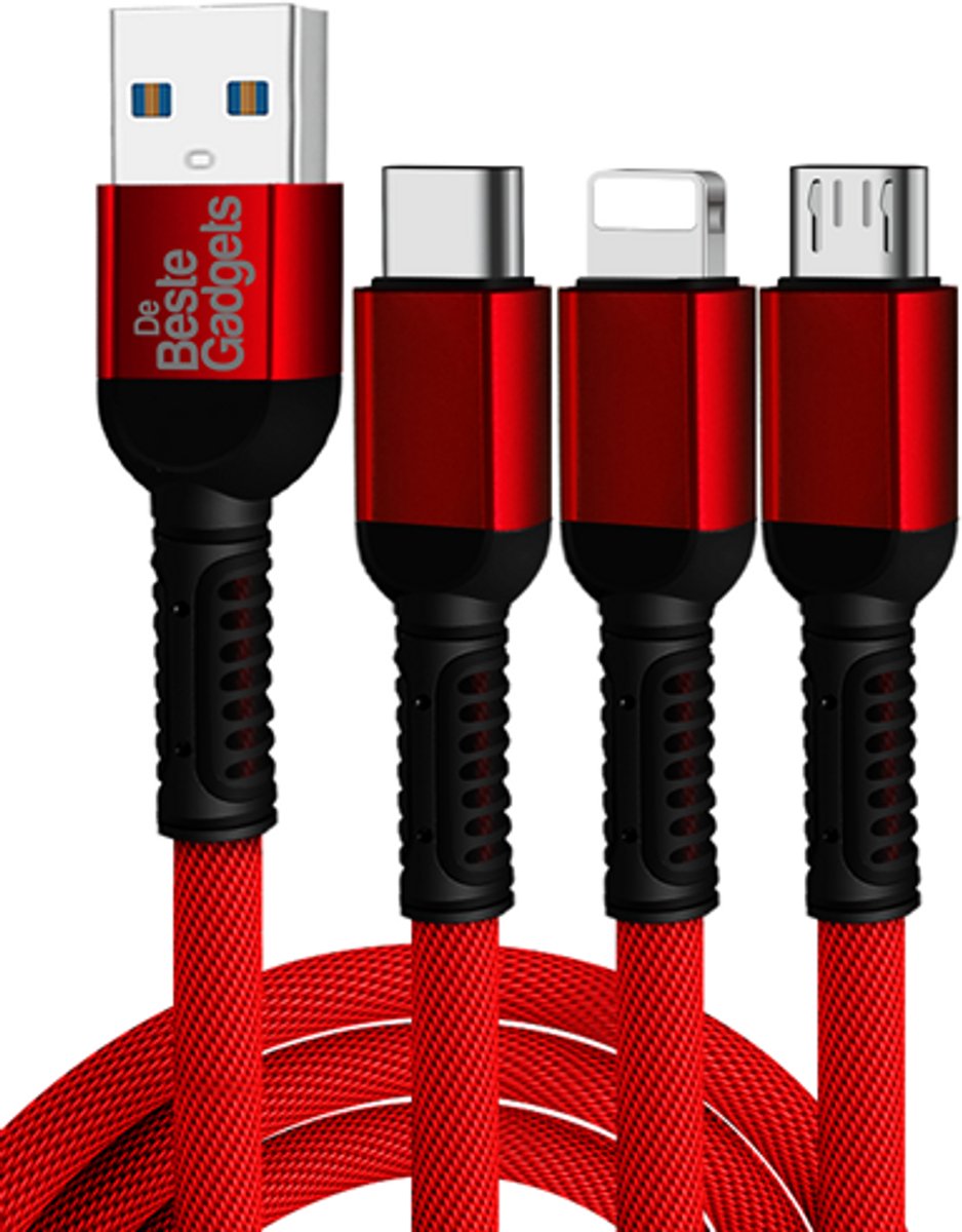 De Beste Gadgets Oplaadkabel 3 in 1 Rood - Lightning/USB-C/MicroUSB - Geschikt voor iPhone, iPad en Android apparaten