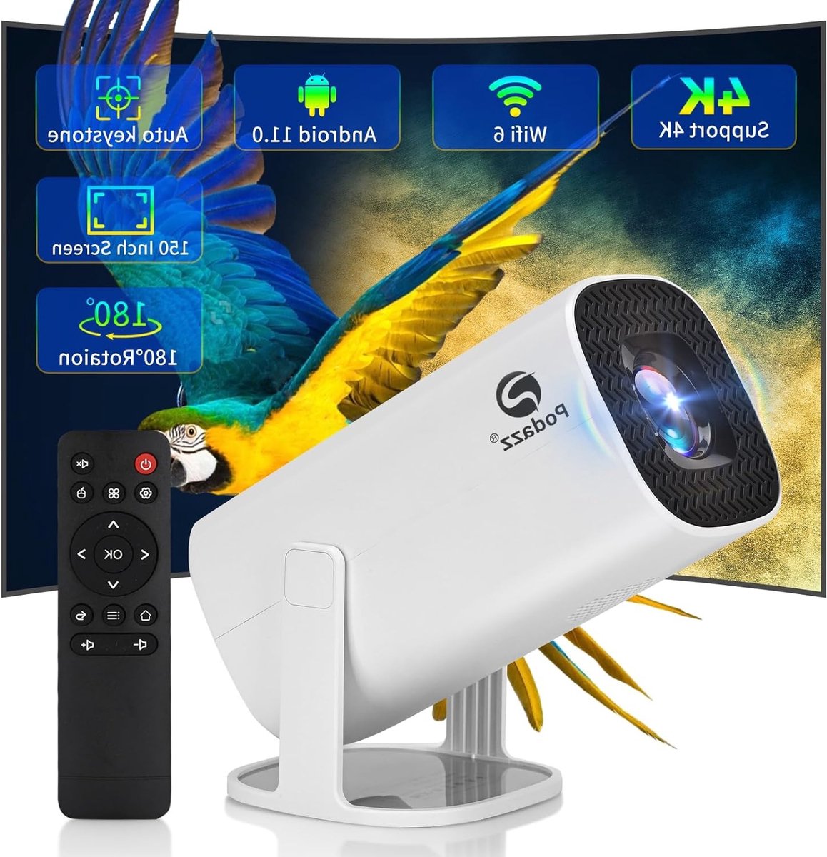 Mini Projector met 4K Ondersteuning, WiFi6 en Android 11, Draagbare Smart Projector voor Thuisbioscoop met Automatische Horizontale Correctie en 180 Graden Rotatie