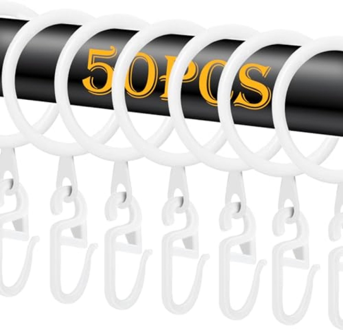 PromoHome 50 stuks metalen gordijnringen zwart met kunststof haken - 30 mm binnendiameter - voor gordijnroedes tot 27 mm - set van 50 ringen en 50 haken