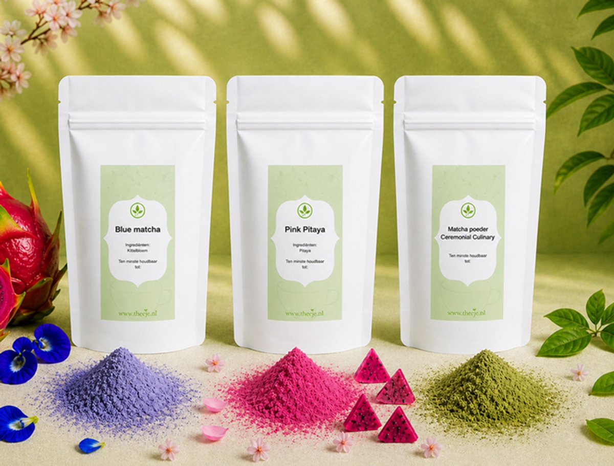 Natuurlijke Kleurstoffen Voordeelpack - Blue Matcha - Blauwe Vlindererwt - Pink Matcha - Pink Pitaya poeder - Matcha poeder - Matcha latte - 3x 50 gram
