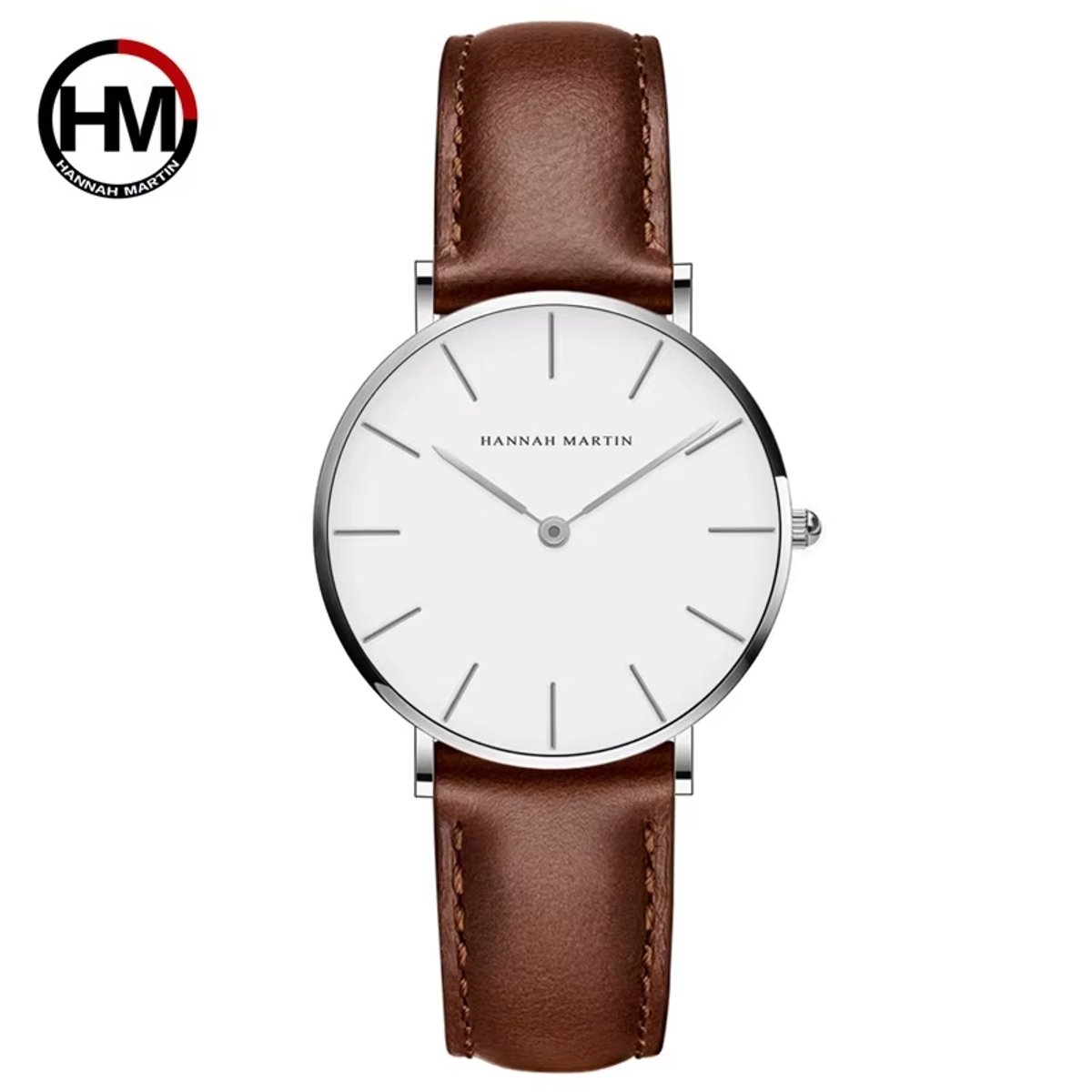 HANNAH MARTIN horloge met bruine lederen polsband, witte wijzerplaat, zilveren horlogekast en zilveren wijzers voor dames met stijl ( model CB36 YK )