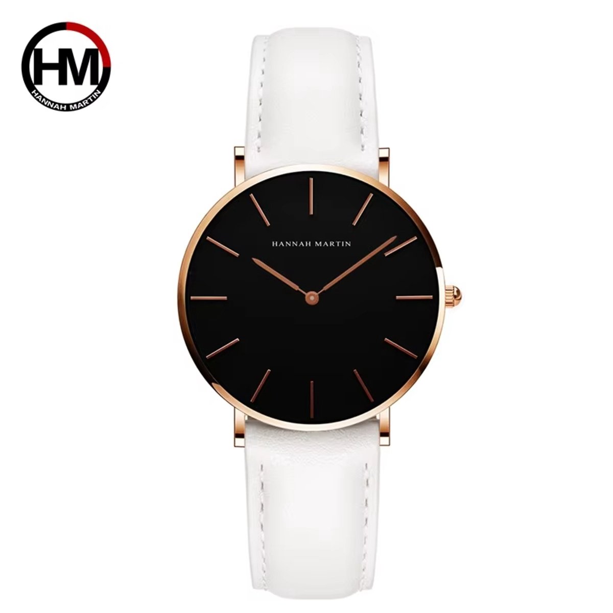 HANNAH MARTIN horloge met witte lederen polsband, zwarte wijzerplaat, gouden horlogekast en gouden wijzers voor dames met stijl ( model CH36 FB )