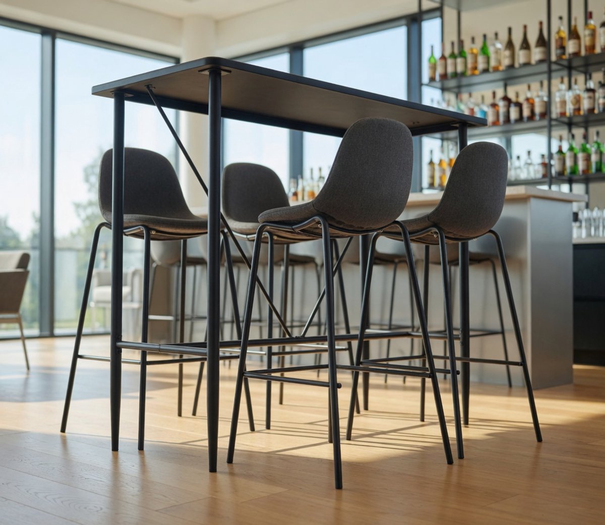 5-Delige Barset Stof Donkergrijs - Bartafel MDF + 4 Barstoelen met Rugleuning - Modern Design - Voor Woning, Keuken & Bar - Ganeey