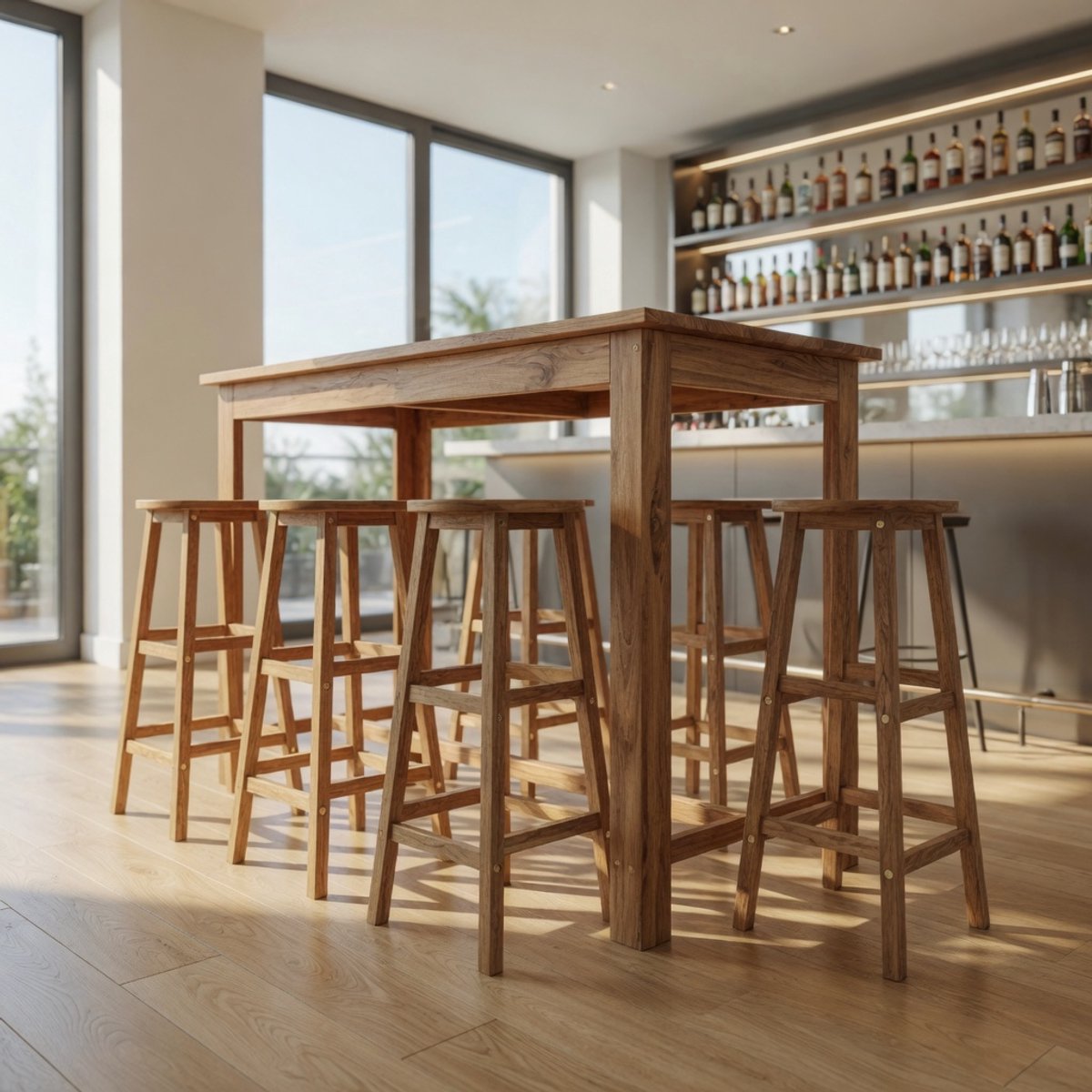 9-Delige Barset Massief Acaciahout - Tuinset Bartafel + 8 Stoelen - Binnen & Buiten - Voor Woonkamer, Kantoor & Slaapkamer - Ganeey