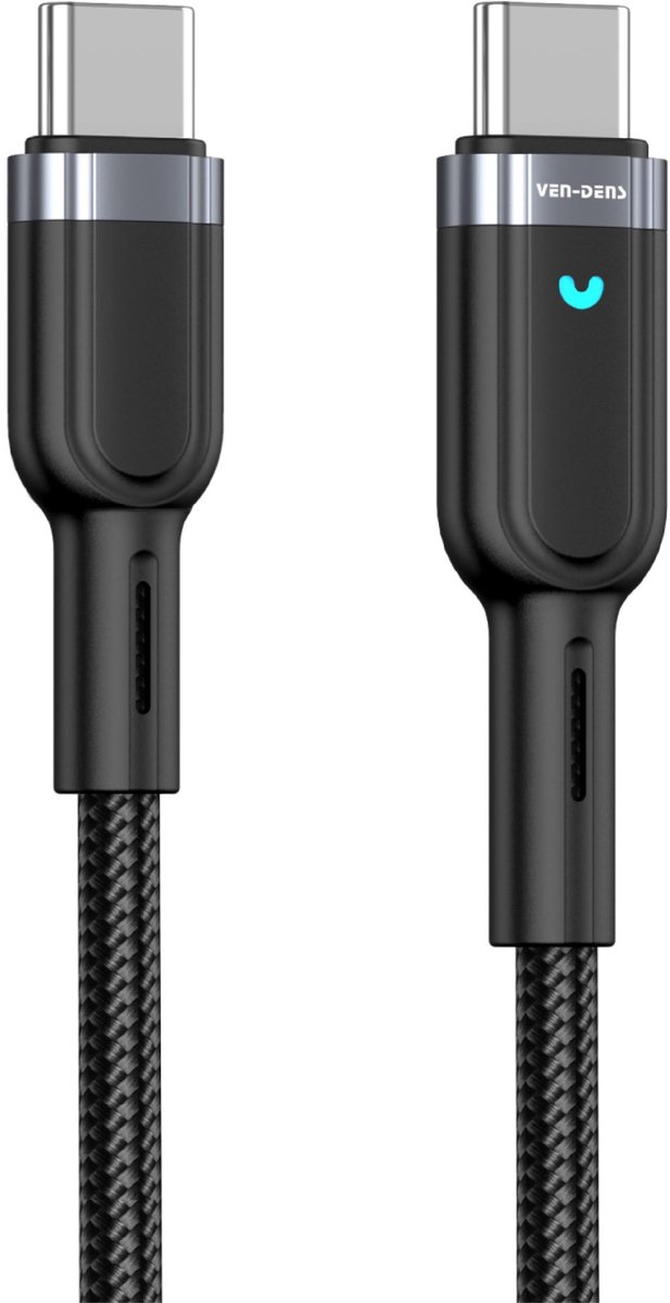 Ven-Dens 60W snellaadkabel Type-C naar Type-C gevlochten datakabel (1 m) met connectoren van aluminiumlegering, duurzame snellaadkabel (zwart)