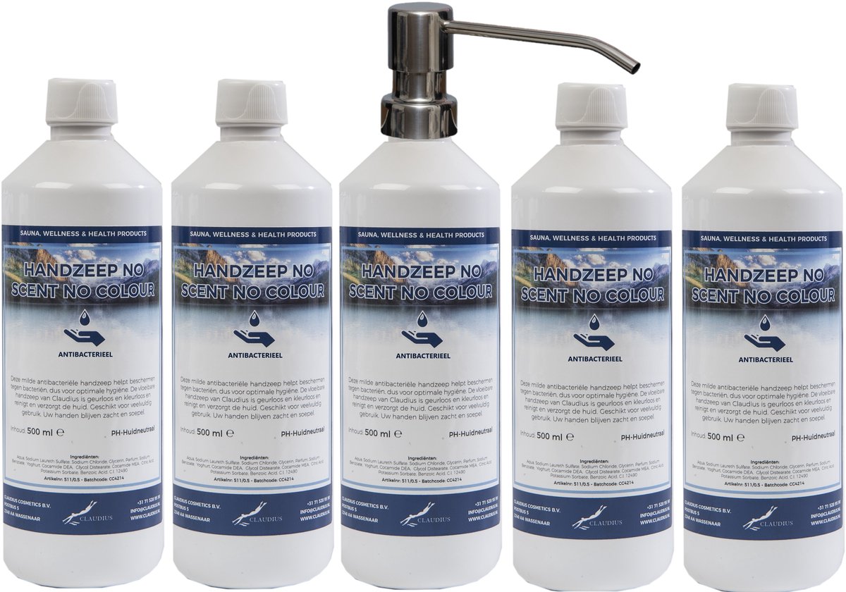 Handzeep No Scent No Colour 500 ml - set van 5 stuks - met gratis RVS zilverkleurige pomp - Voordeelverpakking