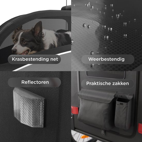 Collage met details van de hondenfietskar: krasbestendig net, weerbestendig, reflectoren, praktische zakken.