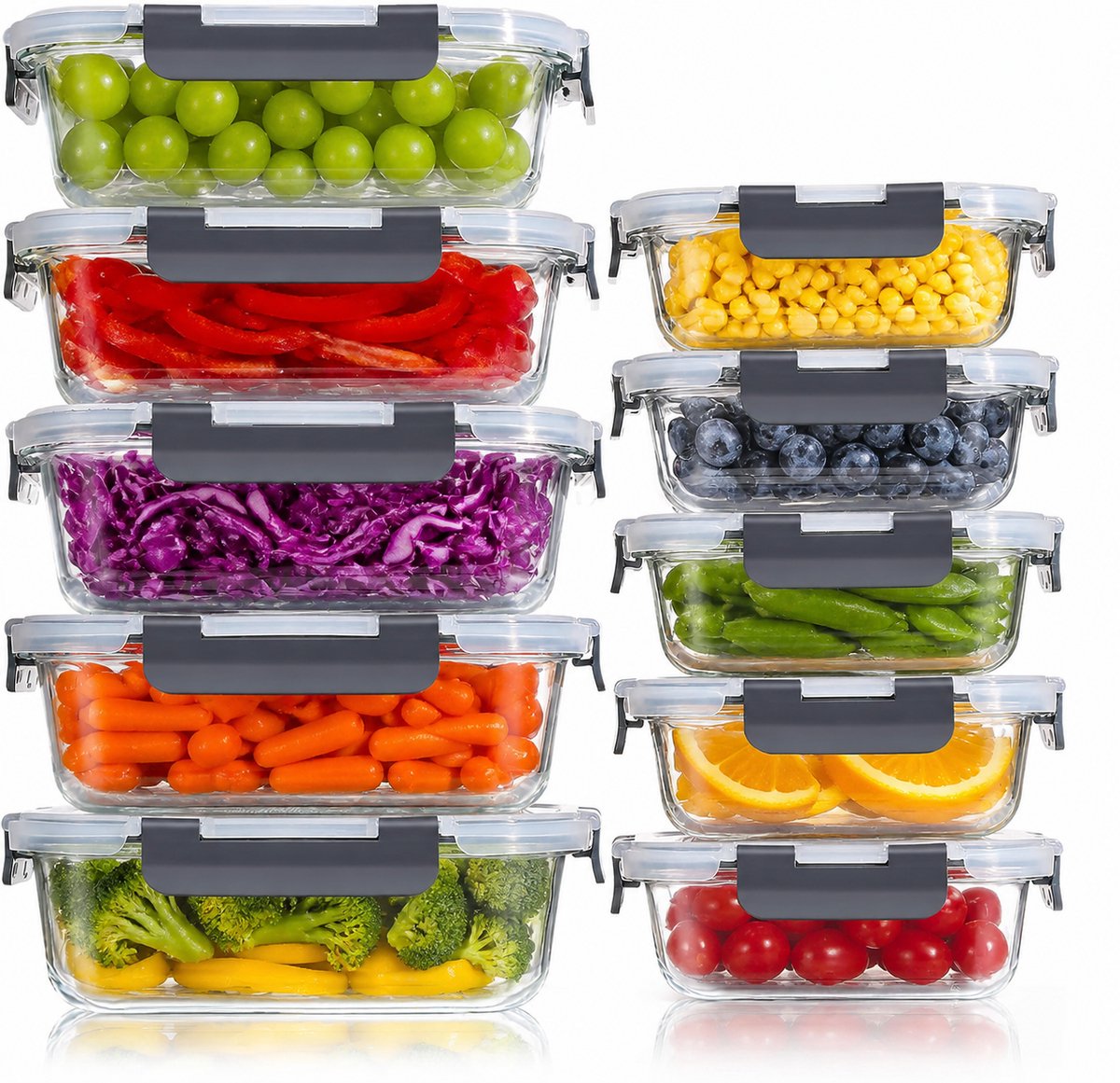 Organess Meal prep bakjes - Vershoudbakjes - Diepvriesbakjes - Tupperware - 10 Stuks - 5x1040ML & 5x 370ML - BPA vrij - Glas - BPA vrije deksel
