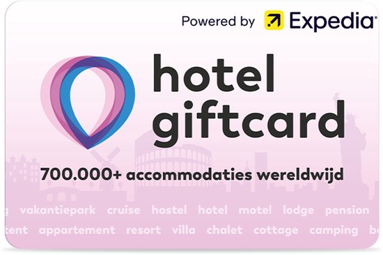 Hotel giftcard met roze skyline, logo en tekst '700.000+ accommodaties wereldwijd'