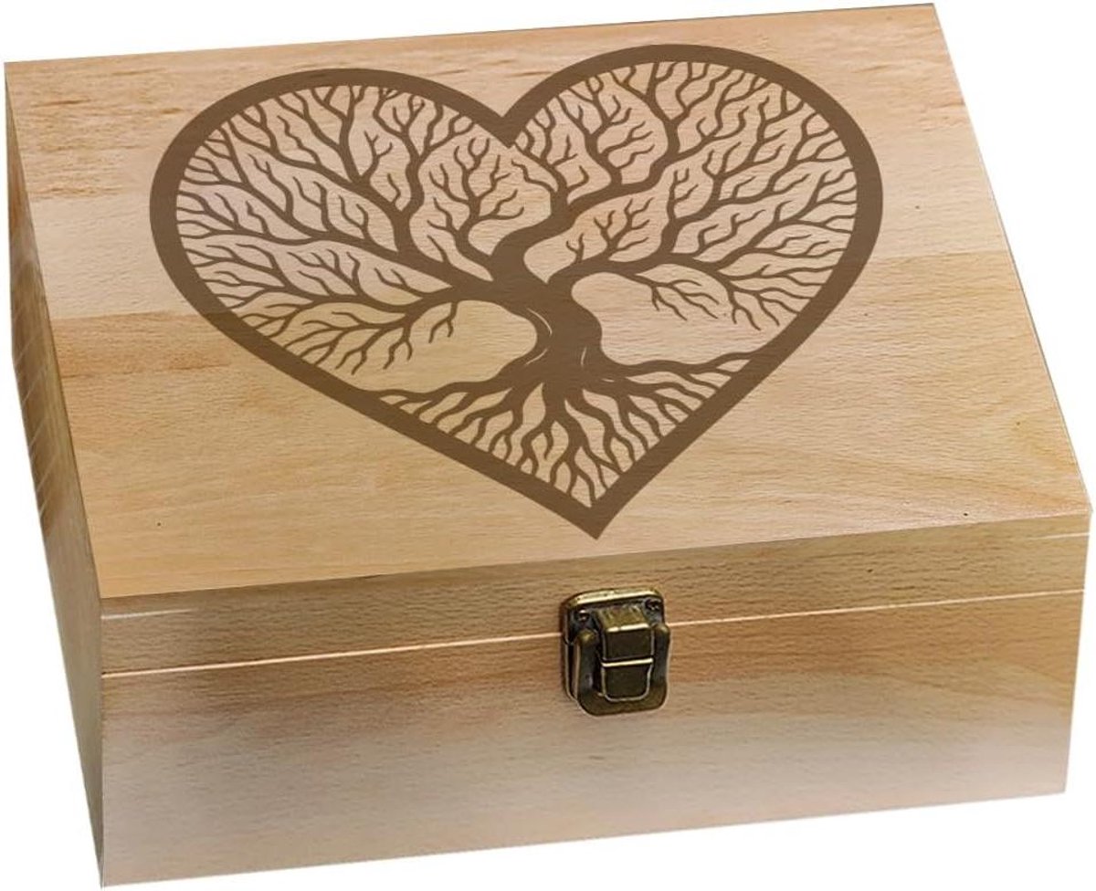 Houten Aandenken Doos - Souvenir Kist - Herinneringen Bewaren - Levensboom Hart Design - 24.5 x 19.5 cm - Natuurlijk Hout
