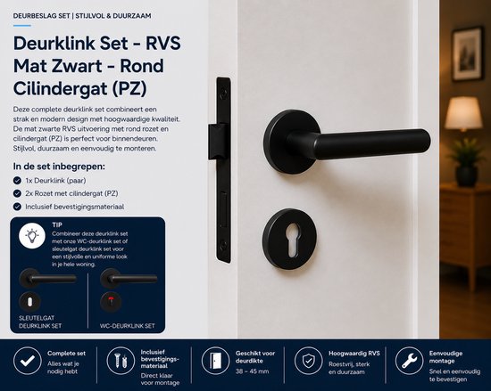 Slotman Solutions Deurklink Set Zwart | Rond Rozet | PZ55 Cilindergat | RVS Deurbeslag | Deurkrukken voor Binnen- en Buitendeur