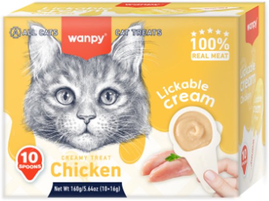 Wanpy kattensnack met kip. Gele verpakking met kattenkop, 10 lepels.