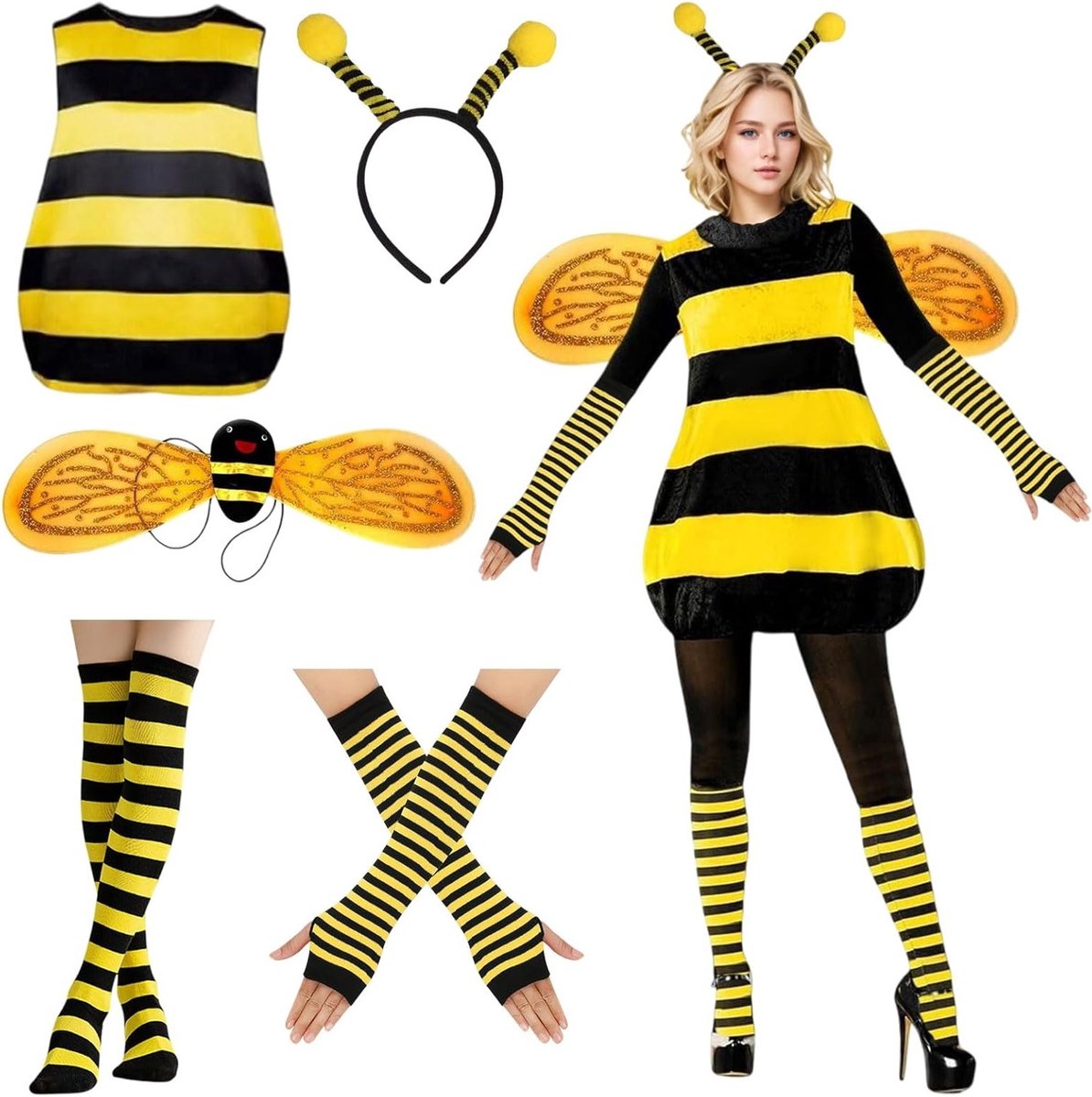 Bijen Kostuum Set voor Dames met Vleugels, Haarband en Accessoires voor Carnaval en Halloween Feestjes