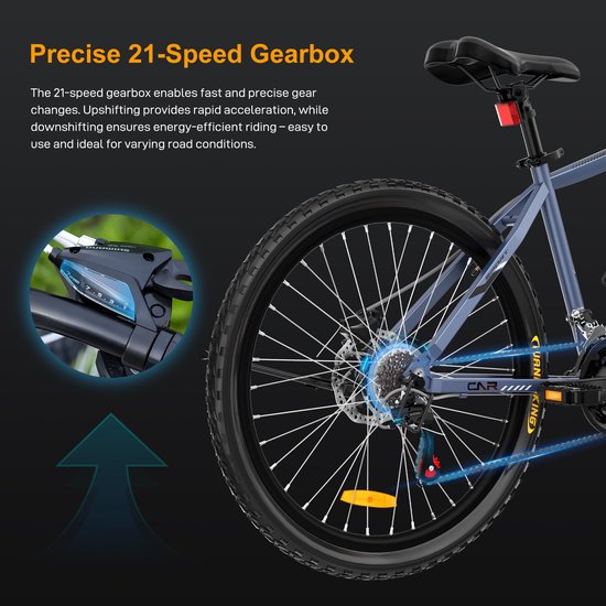 Achterwiel van een blauwgrijze mountainbike met gedetailleerd versnellingsapparaat en aandrijfriem.