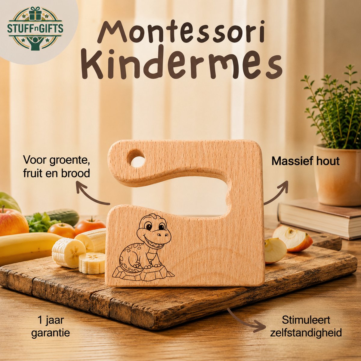 Montessori Houten Kindermes - Dino - Kinder Koksmes - Peuter kok - Verjaarsdag cadeau klein - Houten Kinderbestek - Leren Snijden en Koken voor Kinderen - Montessori Speelgoed