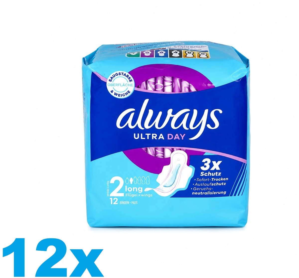 Always Ultra Day 2 Long Wings Maandverband – Maat 2 – 12 x 12 Stuks – 3x Protection