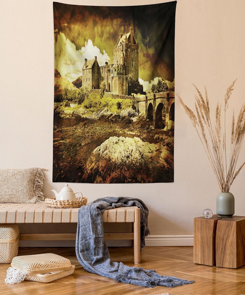 ABAKUHAUS Middeleeuws Wandtapijt, Oud Schots Kasteel, Woonkamer Slaapkamer Wanddoek Zijdezacht Satijn Wandtapijt, 150 x 200 cm, Grijsgroen Grijs Groen
