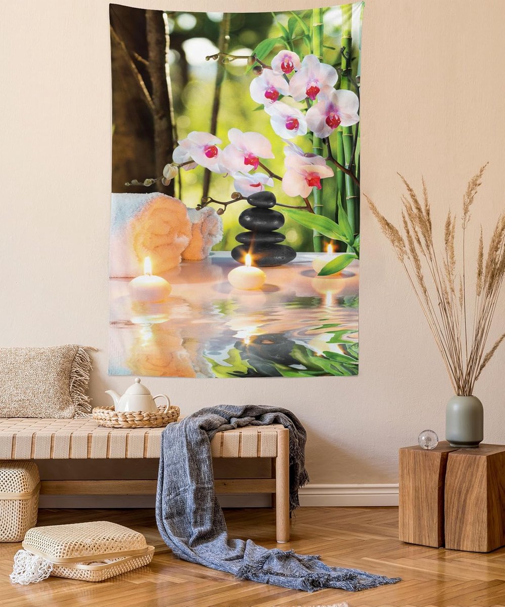 ABAKUHAUS Spa Wandtapijt, Spa met kaarsen Orchideeën, Woonkamer Slaapkamer Wanddoek Zijdezacht satijn wandtapijt, 150 x 200 cm, Lichtgroene Fuchsiakleuren