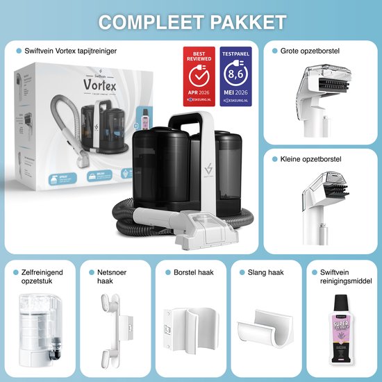 Compleet pakket Swiftvein Vortex tapijtreiniger. Bevat de tapijtreiniger, grote en kleine opzetborstels, zelfreinigend opzetstuk, netsnoer- en borstelhaak, en reinigingsmiddel.
