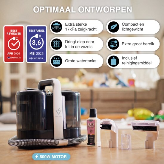Swiftvein Vortex tapijtreiniger met 600W motor, "BEST REVIEWED" en "TESTPANEL 8,6". Bevat grote watertanks en extra zuigkracht.