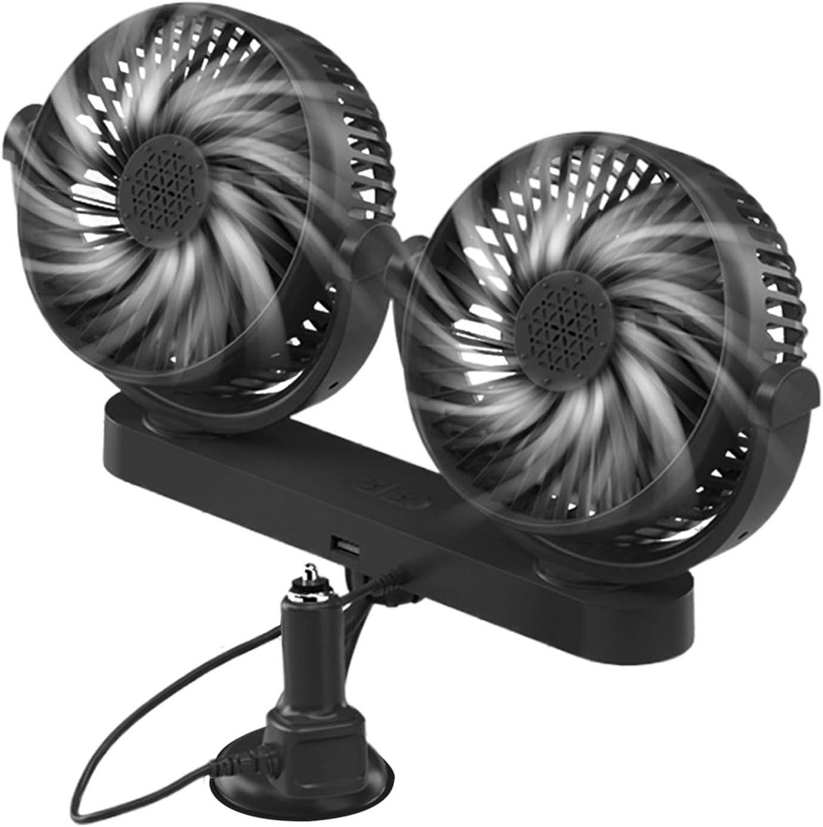 Auto Ventilator - Dubbele Kop - Warme Dagen - 360 Graden Draaibaar - 12V 24V - Zwart