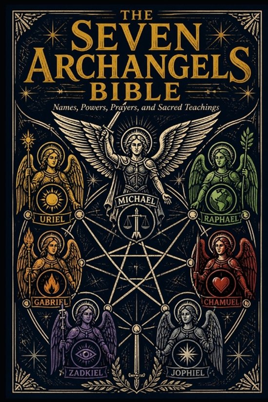 Boekomslag 'The Seven Archangels Bible' met zeven engelen in gouden lijnen op een donkere achtergrond.