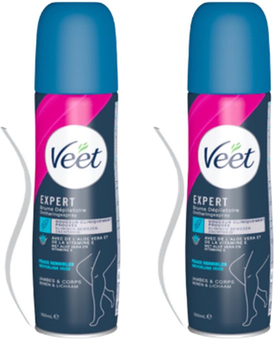 Twee Veet Expert ontharingssprays voor gevoelige huid, met blauwe dop en donkerblauwe/roze verpakking.