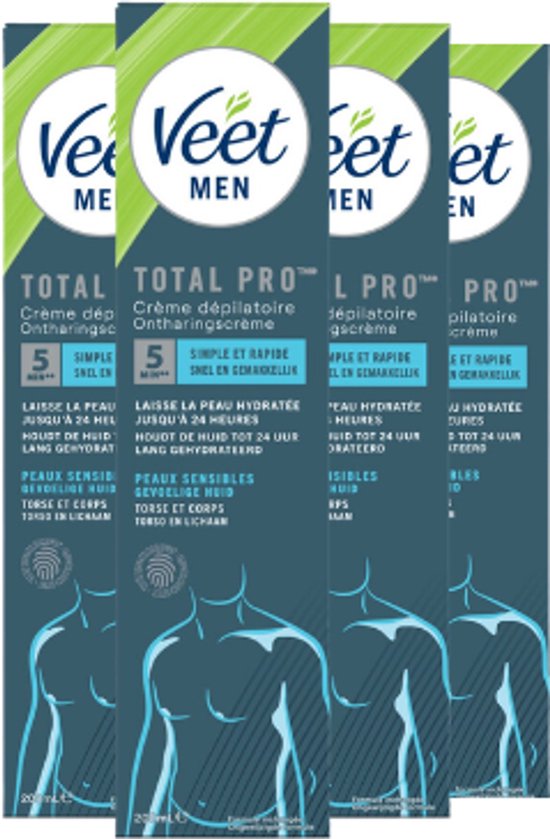 Vier verpakkingen Veet Men Total Pro ontharingscrème met een blauw-groene opdruk van een gespierde torso.