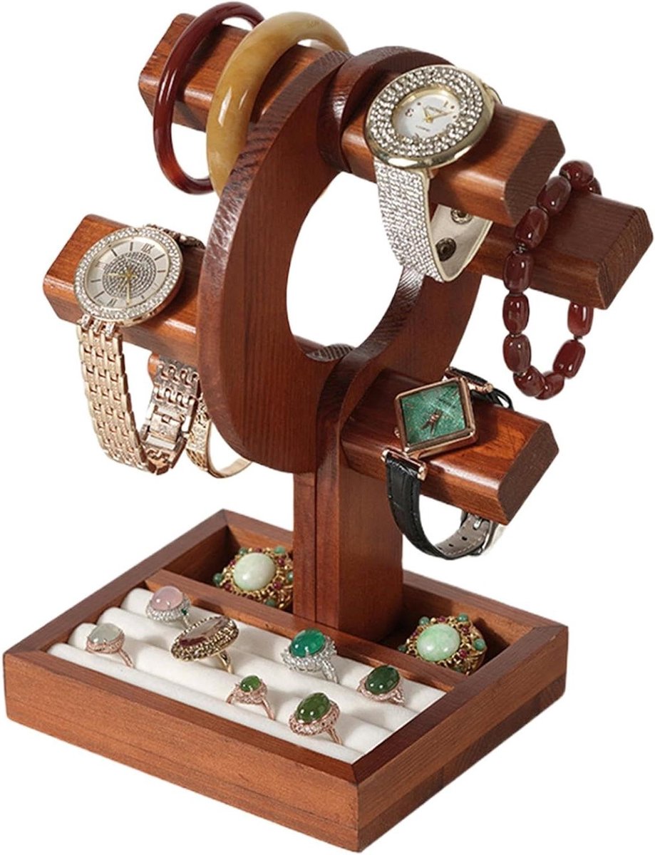 Horloge en armbandhouder - Sieraden organizer - Netjes opbergen - Stijlvol houten ontwerp - 24.3W x 7H cm - Multicolor