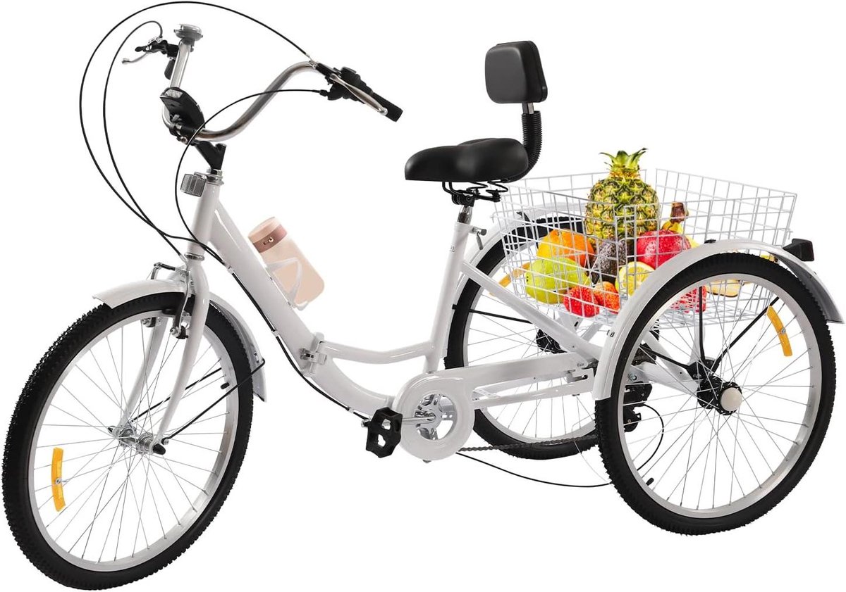 Adult Tricycle 24 Inch Folding Bicycle with Basket 7 Speed LED Light High Carbon Steel White for City Shopping Seniors