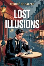Een man in een pak zit aan een tafel buiten een café, met een kopje koffie. Titel: Lost Illusions.