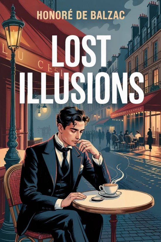 Een man in een pak zit aan een tafel buiten een café, met een kopje koffie. Titel: Lost Illusions.