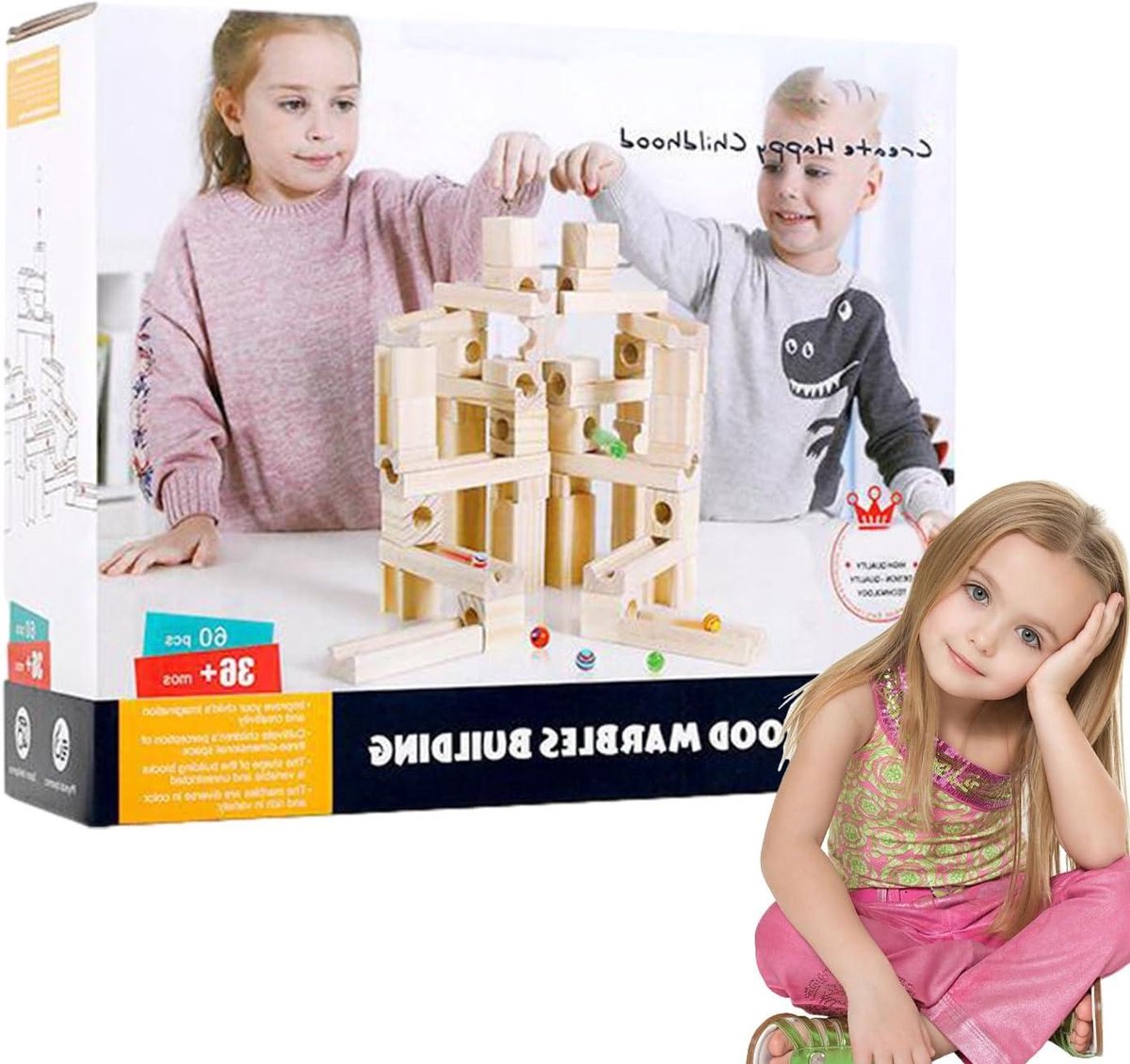 Houten Knikkerbaan - Puzzelspel Educatief - STEM Leren - Krasvrije Afwerking - 60 Kralen - Houtkleur