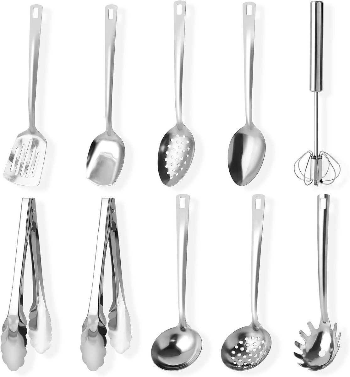 Kookset van RVS 10-delig met multifunctionele lepel, 10 inch garde en pastaschep, perfect voor elke keuken