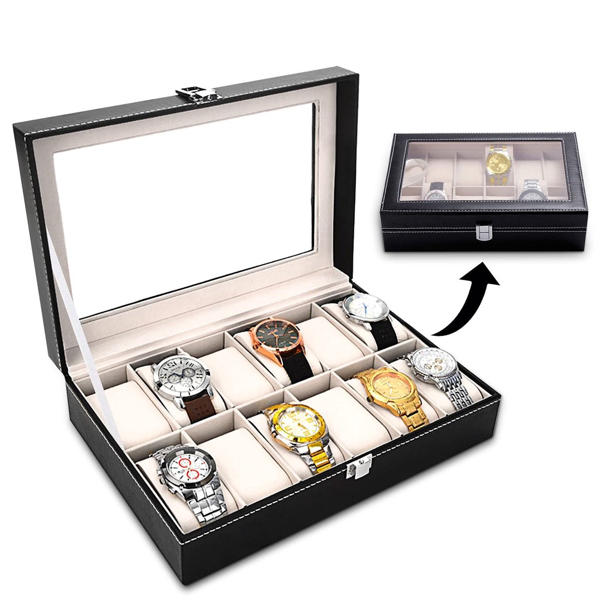 Cosensi - Dailygoods - Dailygoody - Horlogedoos - Horlogebox - 12 Vakken - Glazen Deksel - Sieradenorganizer - Multifunctioneel en Stijlvol - Geschikt voor Juweliers en Verz
