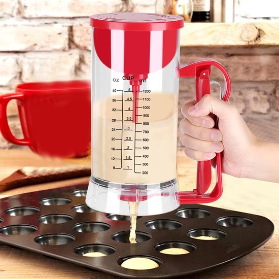 Beslag Mixer Dispenser - Bakgereedschap Keuken - Beslag Maken - Automatisch Mengen - 1200 ml - Transparant Rood — afbeelding 4