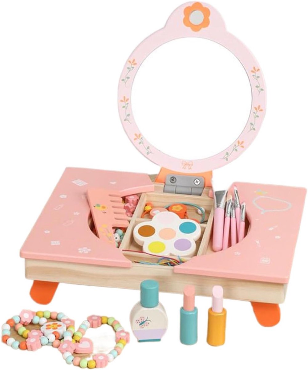 Générique Make-uptafel voor meisjes, D-spel, opvouwbare toilettafel van hout met spiegel, imitatiespeeltafel met kam en cosmetica, voor het aankleden van kinderkamer en Kerstmis