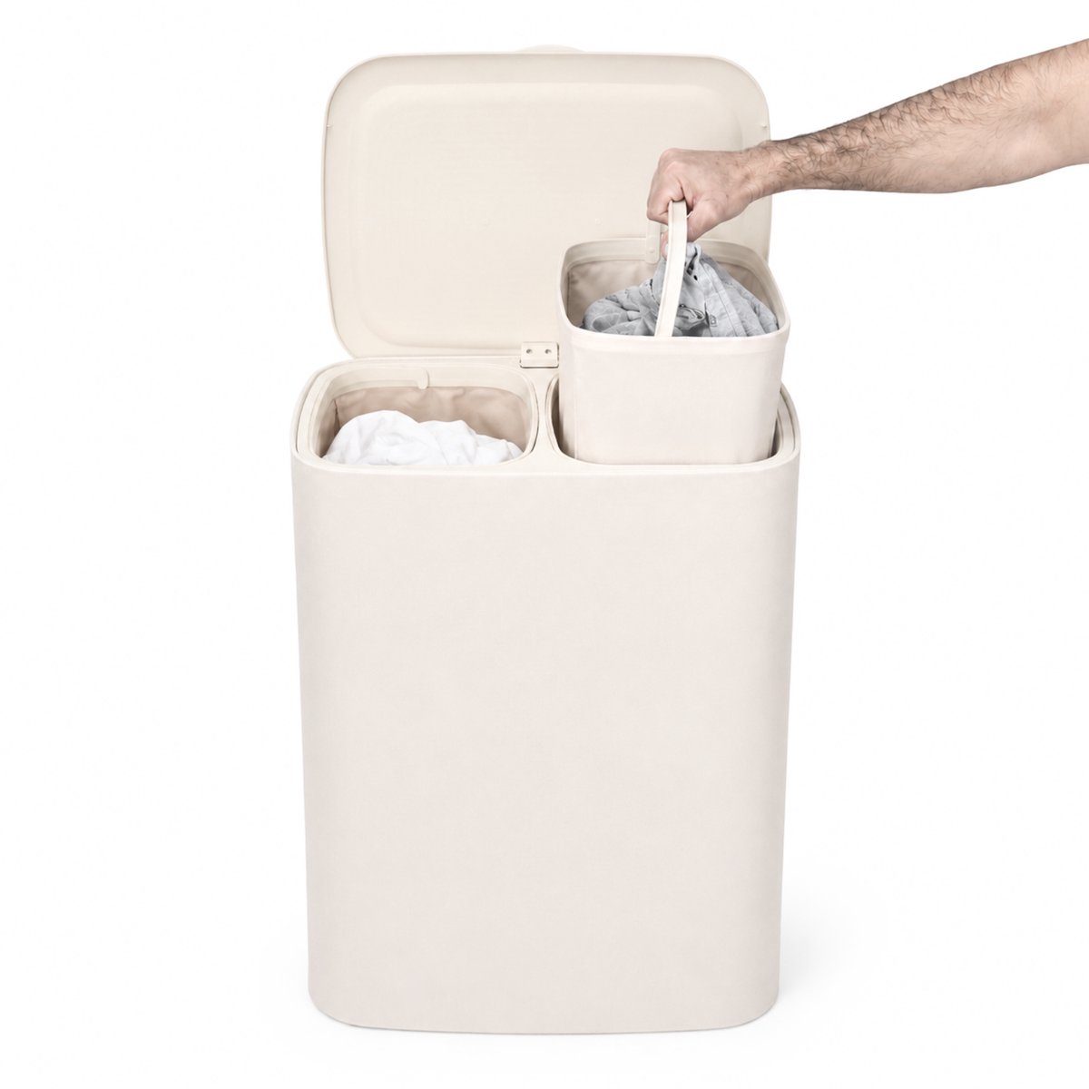 Trendy Meije - Wasmanden - Wassorteerder - Wasmand met Deksel - Wasmand 2 sorteer vakken - 90 Liter - Licht Beige
