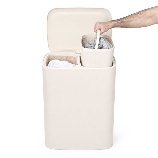 Trendy Meije® Wasmand met Deksel - Licht Beige - 90 Liter - Wassorteerder 2 Vakken - Opvouwbare Wasbox met Uitneembare Waszakken