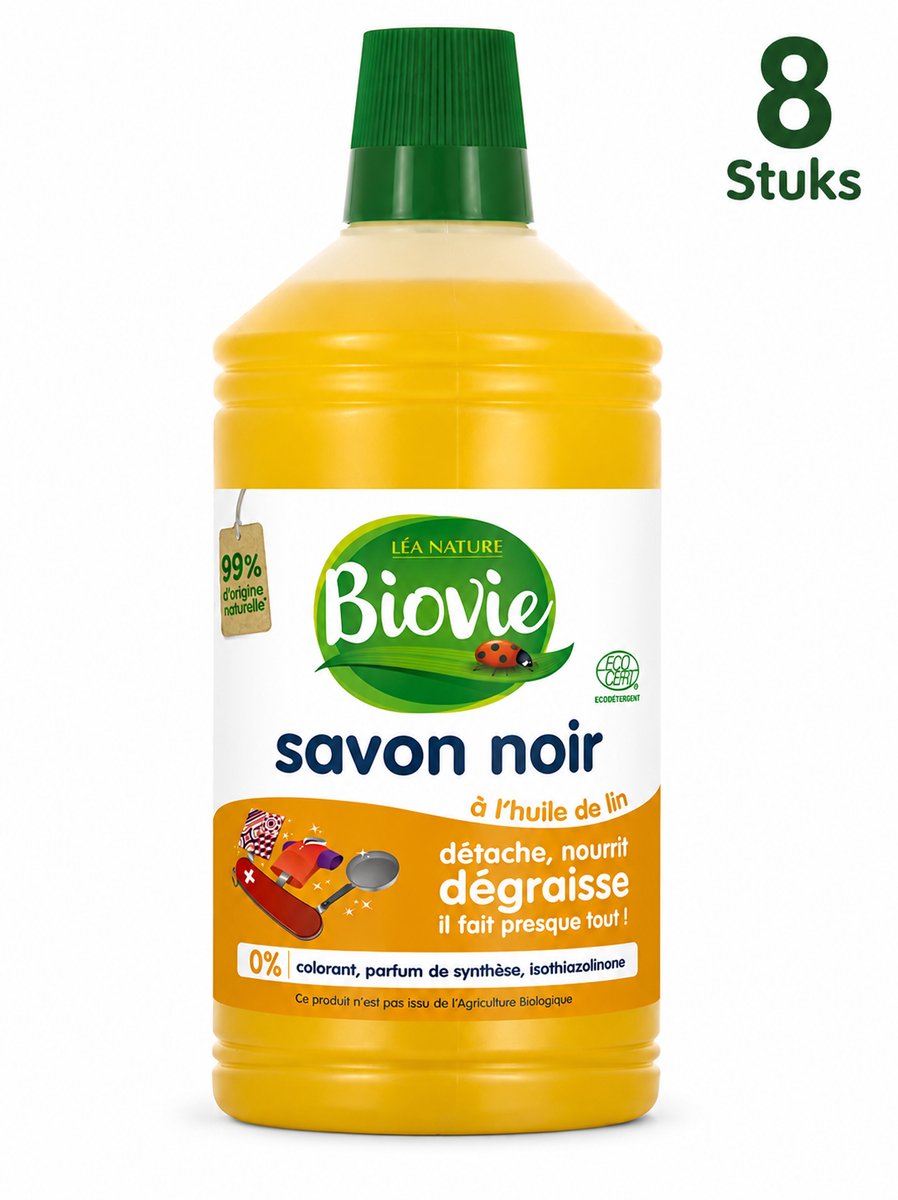 Biovie Vloeibare Zwarte Zeep met Lijnzaadolie 1 Liter - Set van 8 Flessen (8 L Totaal) - Ecocert Gecertificeerde Savon Noir - Multifunctionele Ecologische Reiniger - Made in France