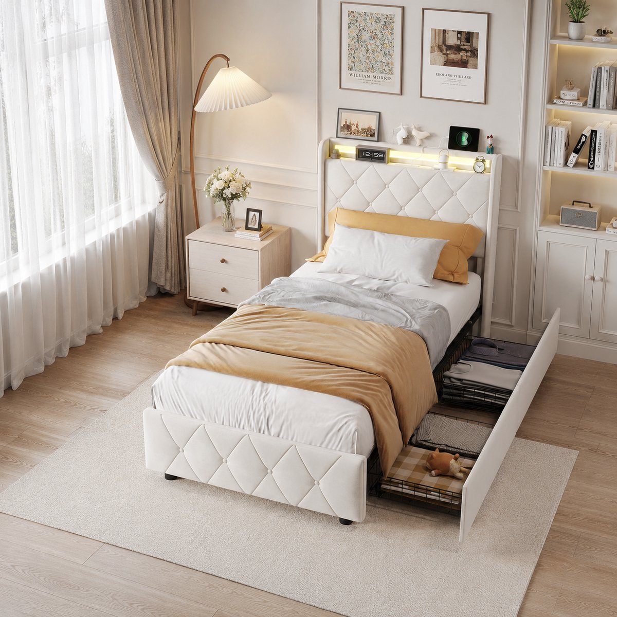 Opbergbed 90x200cm, LED-verlichting, USB-Oplader, met 2 lades, Gestoffeerd eenpersoonsbed, bedframe voor volwassenen met opbergruimte, lattenbodem, Fluweel - Beige