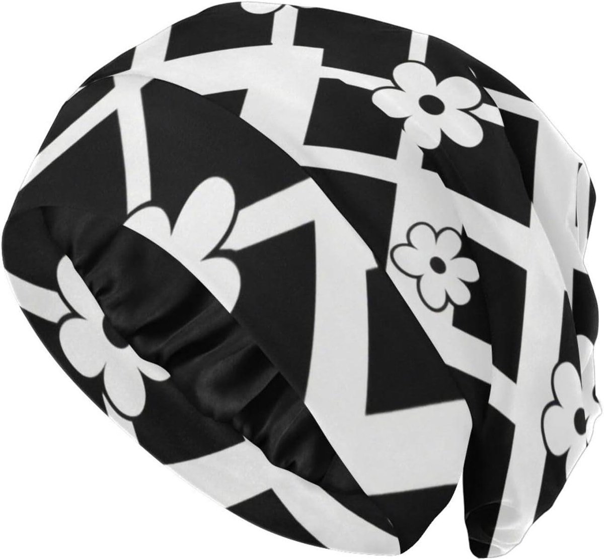 Satijnen Slaapmuts - Verstelbare Bonnet - Haarbescherming Slapen - Dubbellaags Ontwerp - Royale Ruimte - Wit met Bloemen