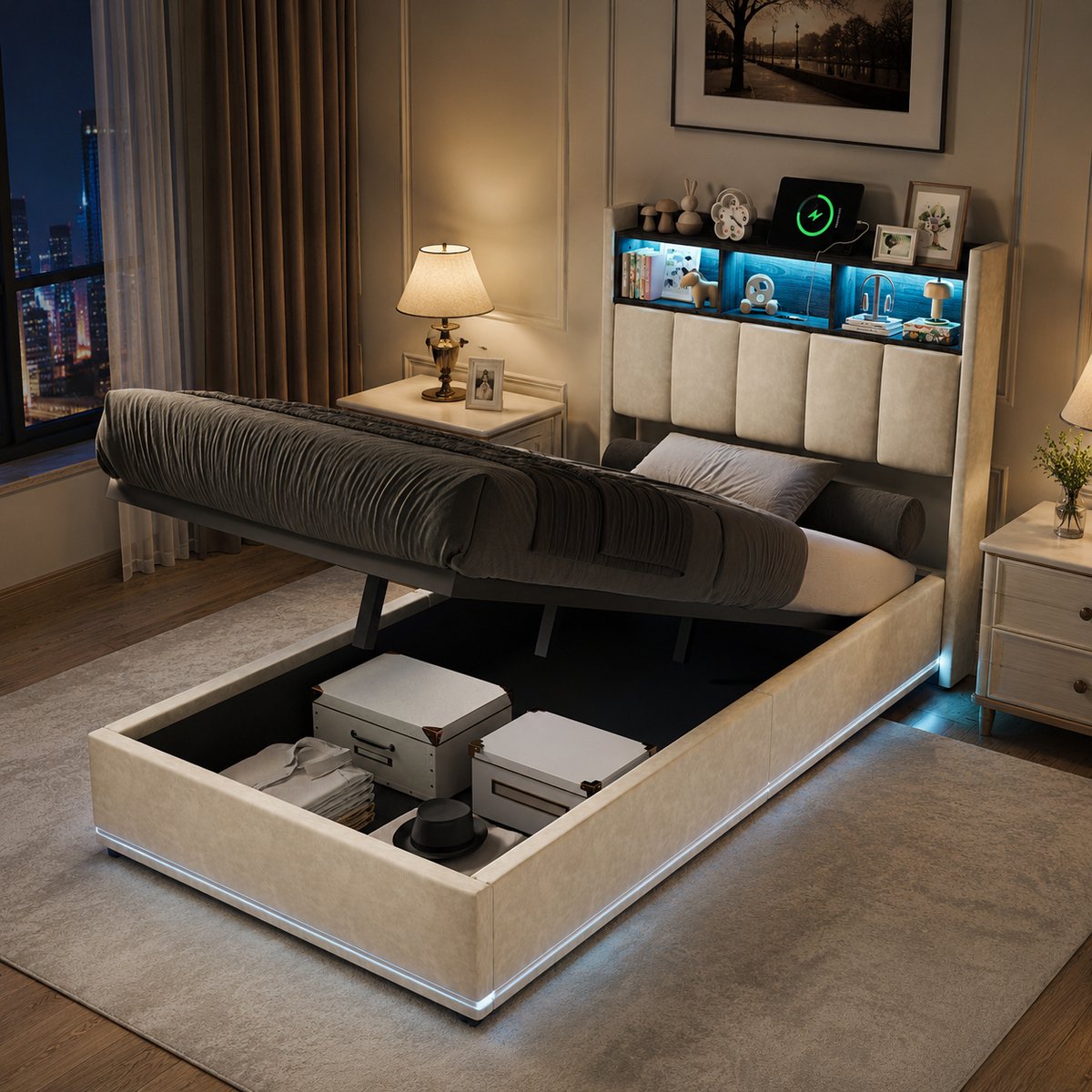 MEXUS Gestoffeerd Eenpersoonsbed 90 x 200 cm - met led- en usb-aansluiting, hoofdbord met opbergfunctie, Opbergbed 90x200cm, hydraulisch bed met opbergruimte en lattenbodem, Fluweel - Beige