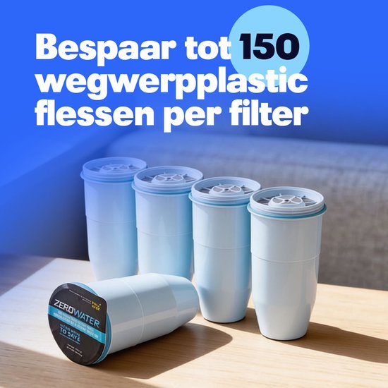 Quatre filtres blancs ZeroWater à bords bleus, dont un filtre couché. Texte : « Économisez jusqu'à 150 bouteilles en plastique à usage unique par filtre »